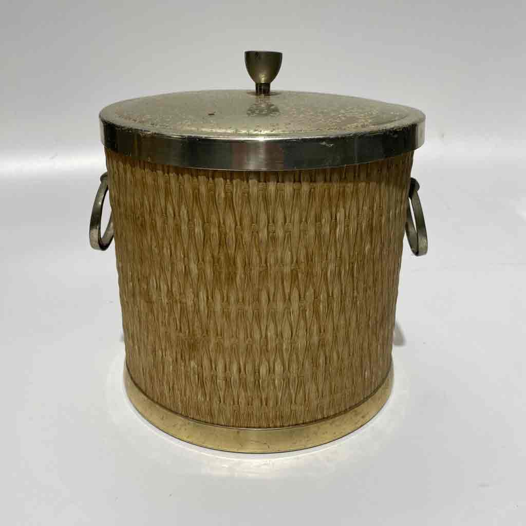 ICE BUCKET, 1960s Faux Weave w Gold Lid